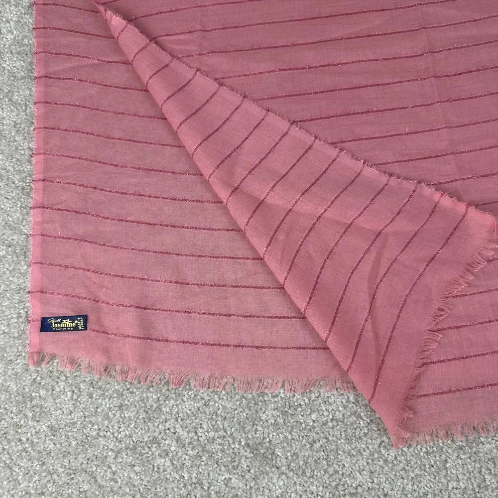 Jasmine Pashmina Scarf Rose Pink Metallic Striped Fringe Wrap Made in Turkey